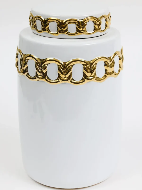 Inspire Me! Home Decor Jars White Ceramic Lidded Jar With Stunning Gold Chain Details (3 Sizes)