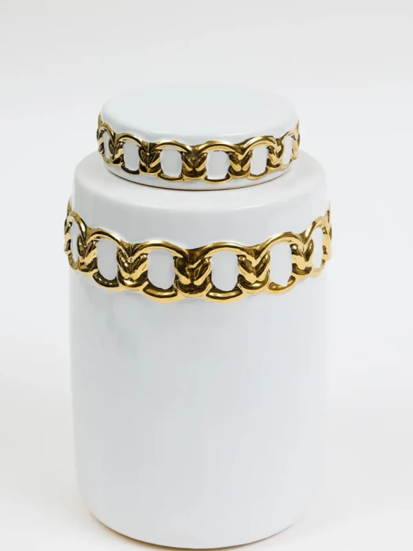 Inspire Me! Home Decor Jars White Ceramic Lidded Jar With Stunning Gold Chain Details (3 Sizes)