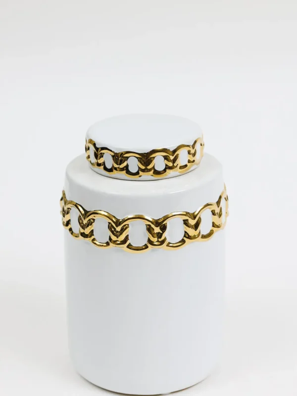 Inspire Me! Home Decor Jars White Ceramic Lidded Jar With Stunning Gold Chain Details (3 Sizes)