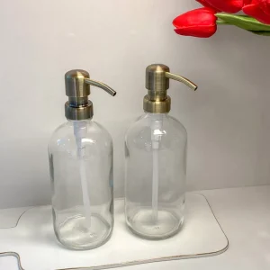 Inspire Me! Home Decor KITCHEN Clear Glass Soap Dispenser W/ Brass Finish Pump