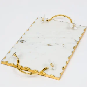 Inspire Me! Home Decor Large Rectangular Marble Tray With White Jeweled Flower Details