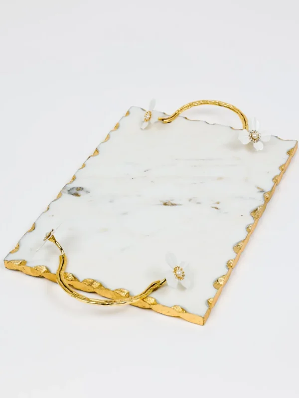 Inspire Me! Home Decor Large Rectangular Marble Tray With White Jeweled Flower Details