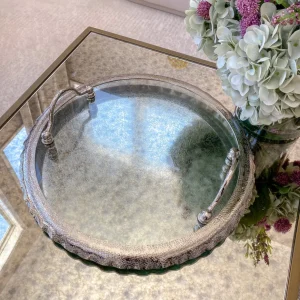 Inspire Me! Home Decor Large Round Glass Tray With Silver Handles And Ruffled Edge