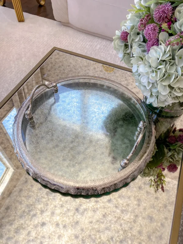 Inspire Me! Home Decor Large Round Glass Tray With Silver Handles And Ruffled Edge