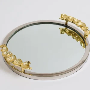 Inspire Me! Home Decor Large Round Decorative Mirror Tray With Gold Petal Handle Details