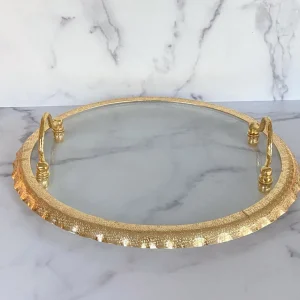 Inspire Me! Home Decor Large Round Glass Tray With Gold Handles And Ruffled Edge