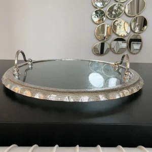 Inspire Me! Home Decor Large Round Glass Tray With Silver Handles And Ruffled Edge