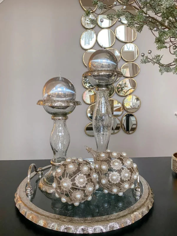 Inspire Me! Home Decor Large Round Glass Tray With Silver Handles And Ruffled Edge