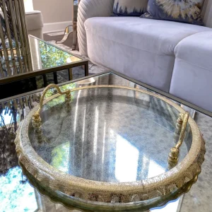 Inspire Me! Home Decor Large Round Glass Tray With Gold Handles And Ruffled Edge