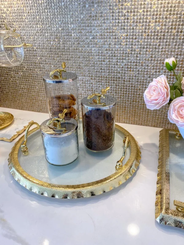 Inspire Me! Home Decor Large Round Glass Tray With Gold Handles And Ruffled Edge