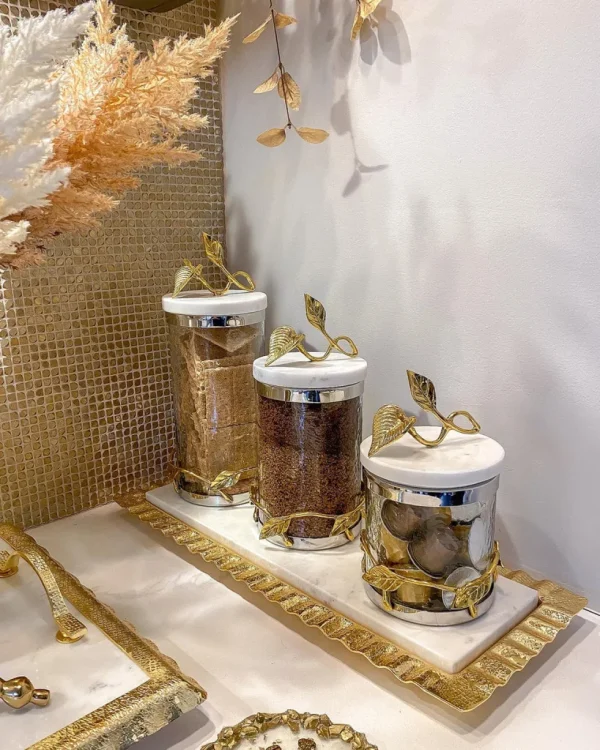 Inspire Me! Home Decor Marble And Gold Metal Leaf Branch Canisters- With Metal Rim (3 Sizes)