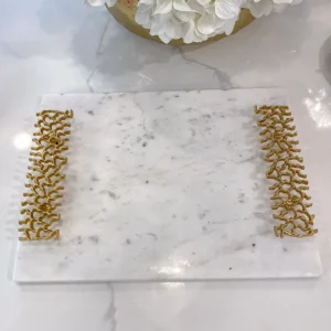 Inspire Me! Home Decor Marble Tray With Gold Metal Abstract Handles