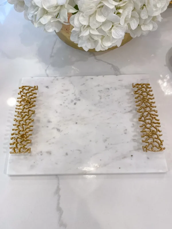 Inspire Me! Home Decor Marble Tray With Gold Metal Abstract Handles