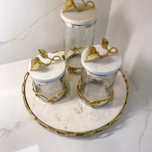 Inspire Me! Home Decor Marble And Gold Metal Leaf Branch Canisters- With Metal Rim (3 Sizes)