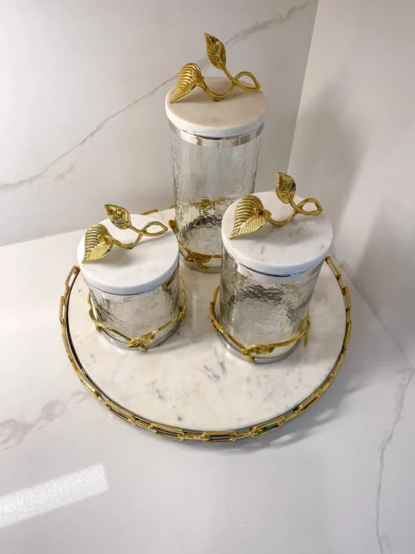 Inspire Me! Home Decor Marble And Gold Metal Leaf Branch Canisters- With Metal Rim (3 Sizes)