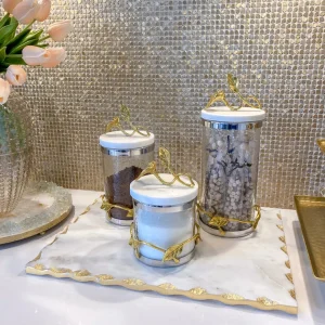 Inspire Me! Home Decor Marble And Gold Metal Leaf Branch Canisters- With Metal Rim (3 Sizes)