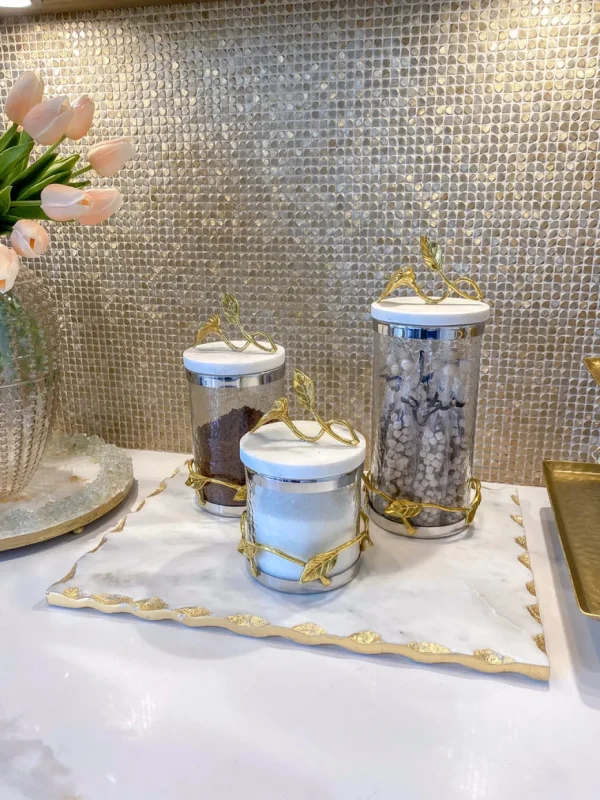 Inspire Me! Home Decor Marble And Gold Metal Leaf Branch Canisters- With Metal Rim (3 Sizes)