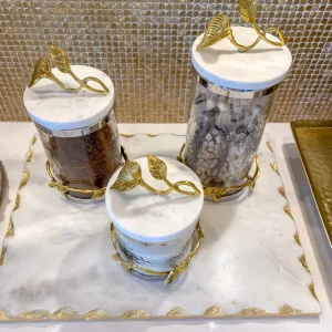 Inspire Me! Home Decor Marble And Gold Metal Leaf Branch Canisters- With Metal Rim (3 Sizes)