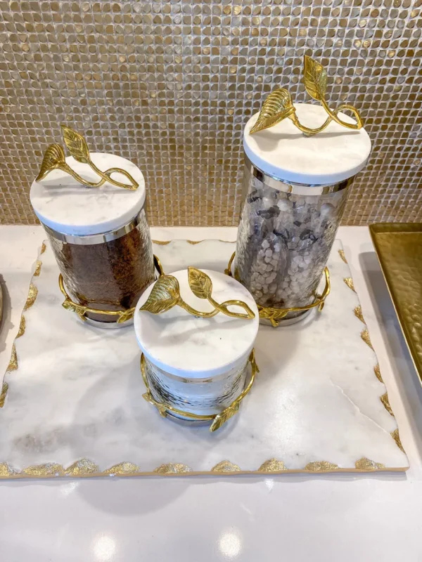 Inspire Me! Home Decor Marble And Gold Metal Leaf Branch Canisters- With Metal Rim (3 Sizes)