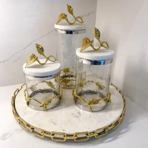 Inspire Me! Home Decor Marble And Gold Metal Leaf Branch Canisters- With Metal Rim (3 Sizes)