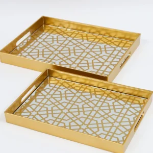 Inspire Me! Home Decor Mirror Gold Geometric Pattern Trays (Set Of 2)