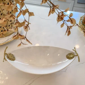 Inspire Me! Home Decor Oblong White Ceramic Bowl With Gold Leaf Details