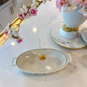 Inspire Me! Home Decor Oval Marble Print Platter With Glass Top & Gold Handle KITCHEN