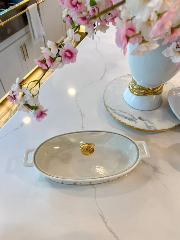 Inspire Me! Home Decor Oval Marble Print Platter With Glass Top & Gold Handle KITCHEN