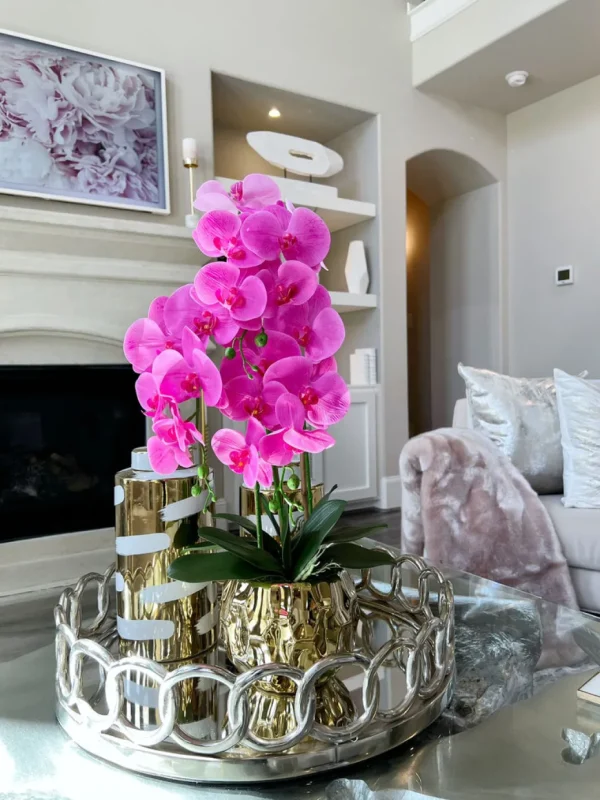 Inspire Me! Home Decor Pink Faux Orchid In Beveled Gold Pot “From Pops Of Color Home Collection” Floral Stems