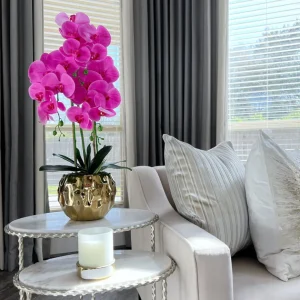 Inspire Me! Home Decor Pink Faux Orchid In Beveled Gold Pot “From Pops Of Color Home Collection” Floral Stems