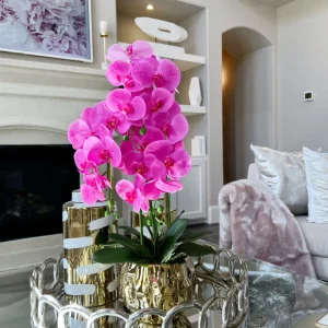 Inspire Me! Home Decor Pink Faux Orchid In Beveled Gold Pot “From Pops Of Color Home Collection” Floral Stems