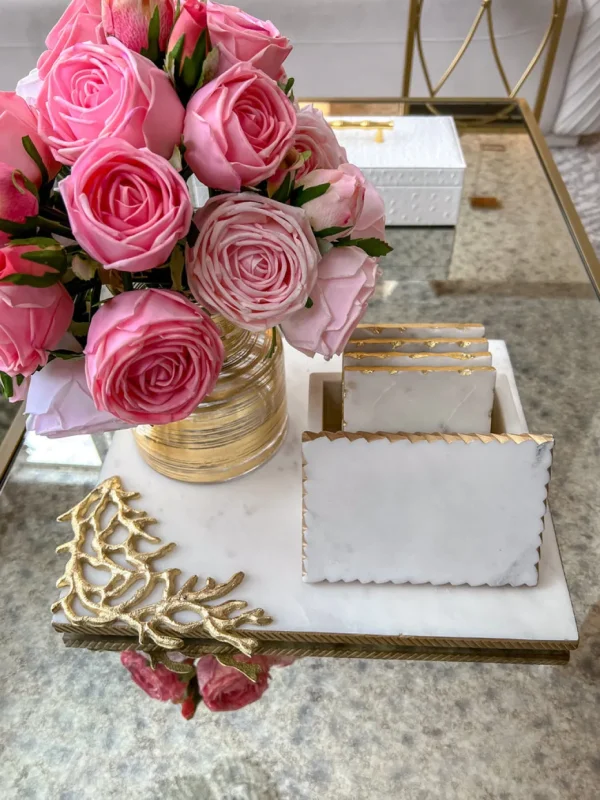 Inspire Me! Home Decor Rectangular Marble Tray With Metal Gold Branch Details