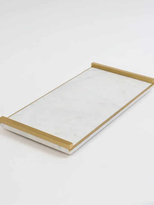 Inspire Me! Home Decor Rectangle Marble Tray With Gold Metal Handles And Gold Edge