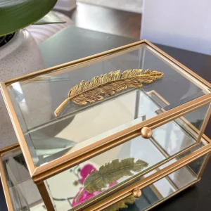 Inspire Me! Home Decor Rectangle Glass & Mirror Box With Gold Feather Detail (2 Sizes)