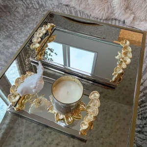 Inspire Me! Home Decor Rectangular Mirror Tray With Silver Border And Gold Leaf Design (2 Sizes)