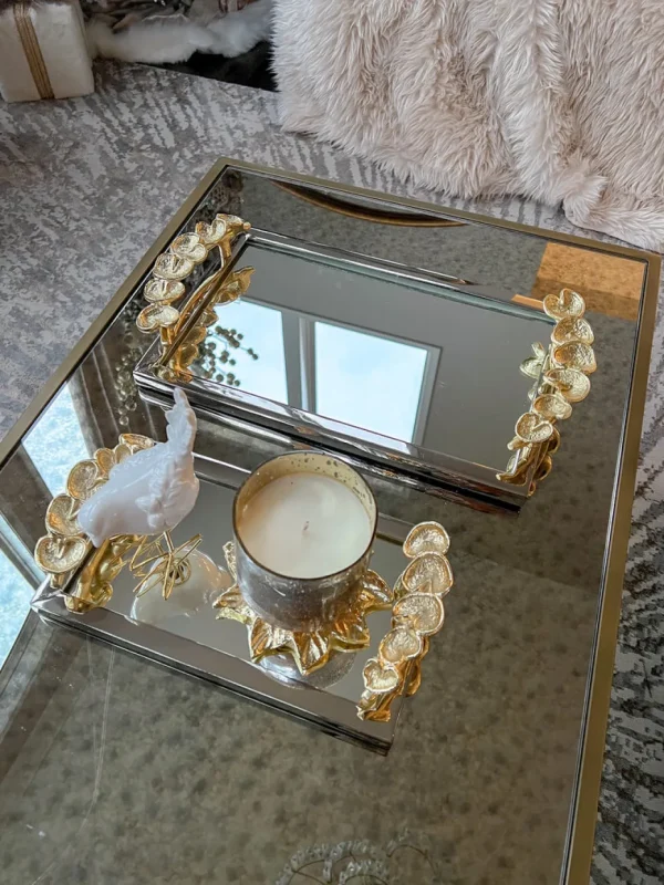 Inspire Me! Home Decor Rectangular Mirror Tray With Silver Border And Gold Leaf Design (2 Sizes)