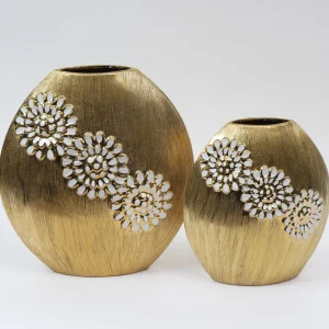 Inspire Me! Home Decor Round Textured Ceramic Gold Vase With White Flower Design (2 Sizes)