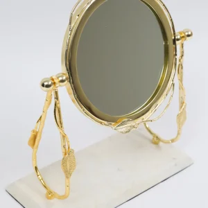 Inspire Me! Home Decor Round Table Mirror With Leaf Design Border And Marble Base (2 Colors) Gold