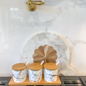 Inspire Me! Home Decor (Set Of 3) Metallic Gold Marble Print Spice Jars With Spoons And Wooden Lid With Tray