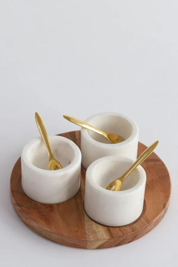 Inspire Me! Home Decor Set Of 3 Marble Spice Bowls W/ Gold Spoons And Wood Base