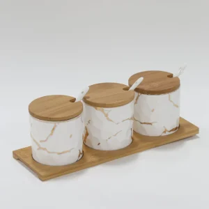 Inspire Me! Home Decor (Set Of 3) Metallic Gold Marble Print Spice Jars With Spoons And Wooden Lid With Tray