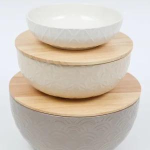 Inspire Me! Home Decor Set Of 3 Ceramic Bowls With 2 Wood Lids