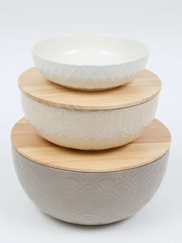 Inspire Me! Home Decor Set Of 3 Ceramic Bowls With 2 Wood Lids