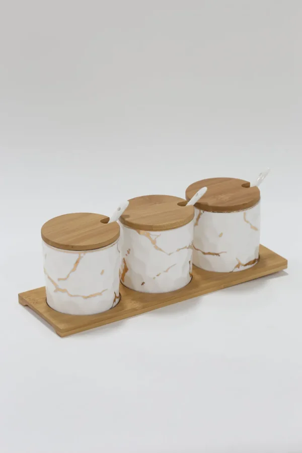 Inspire Me! Home Decor (Set Of 3) Metallic Gold Marble Print Spice Jars With Spoons And Wooden Lid With Tray