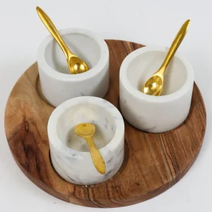 Inspire Me! Home Decor Set Of 3 Marble Spice Bowls W/ Gold Spoons And Wood Base