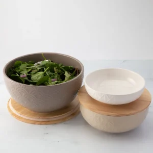 Inspire Me! Home Decor Set Of 3 Ceramic Bowls With 2 Wood Lids