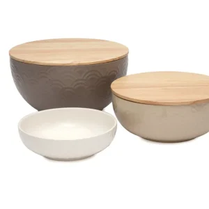 Inspire Me! Home Decor Set Of 3 Ceramic Bowls With 2 Wood Lids