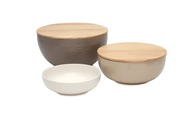 Inspire Me! Home Decor Set Of 3 Ceramic Bowls With 2 Wood Lids