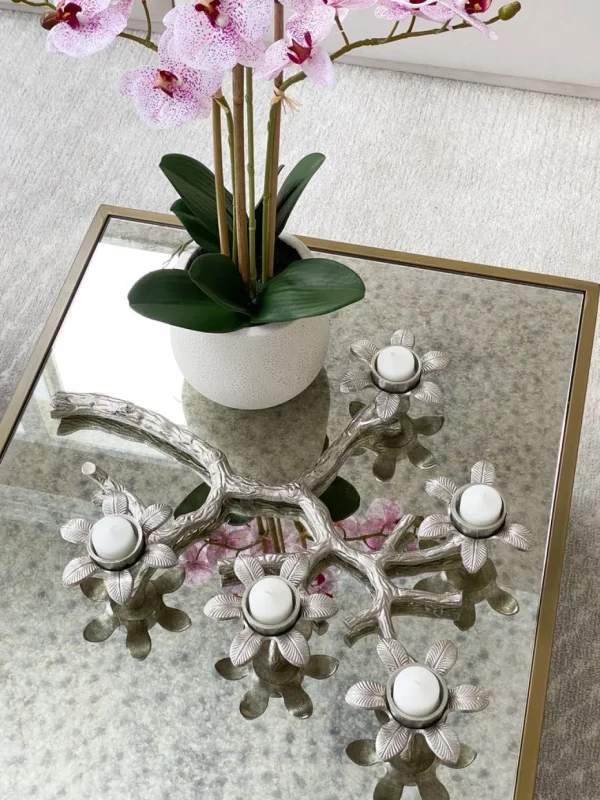 Inspire Me! Home Decor Silver Flower Branch 5 Tealight Candle Holder