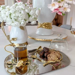 Inspire Me! Home Decor Silver Metal Oval Tray With Glass Mug & Cake Dome And Gold Leaf Details